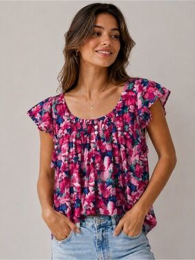 Draper James RSVP Floral Blouse S Pink Cotton Gauze Flutter Sleeve Cottagecore
